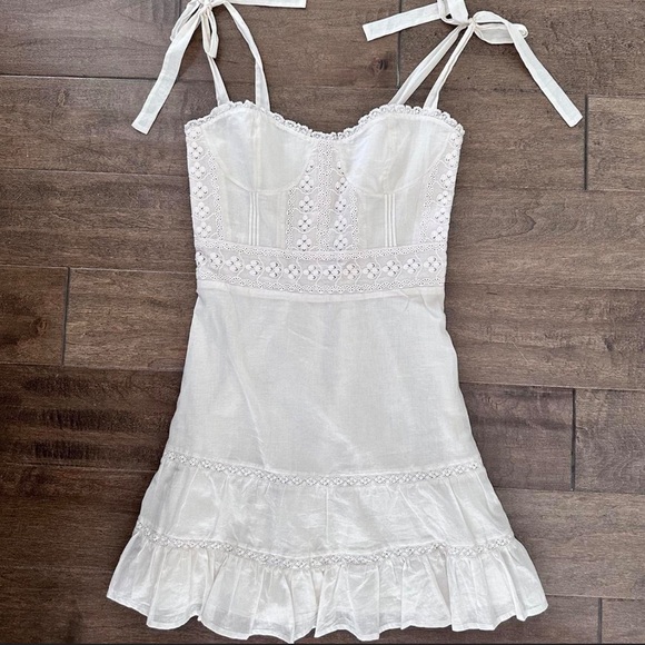 Reformation Off White Maeve Organic Cotton Embroidered Tie Sleeves Mini Dress 4 - Picture 7 of 16